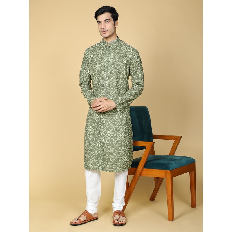 TABARD Cotton Full Sleeves Regular Printed Green Kurta for Men (Set of 2) (S)