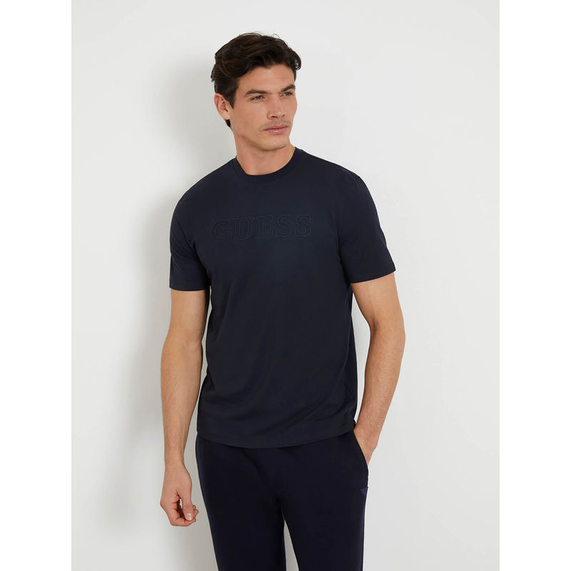 Guess Navy Blue Cotton Regular Fit T-Shirt (S)