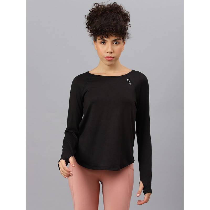 Fitkin Women Black Round Neck Back Laser Cut T-Shirt (L)