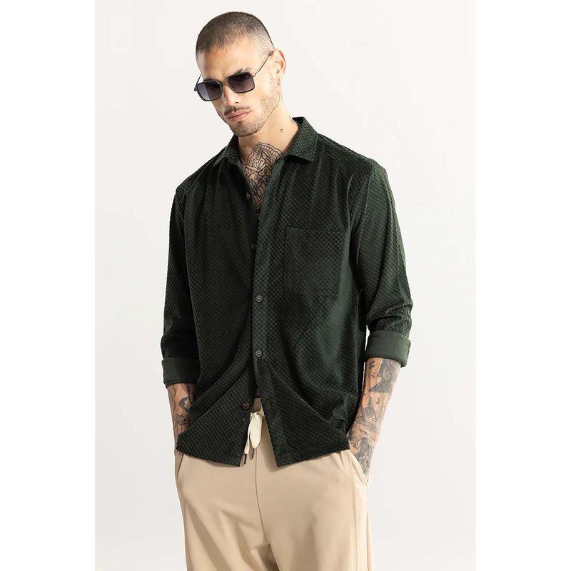 Snitch Dark Green Textured Self-Design Full Sleeves Slim Formal Shirt for Men (M)