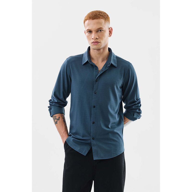 Snitch Dark Teal Blue Plain Full Sleeves Slim Casual Shirt for Men (M)