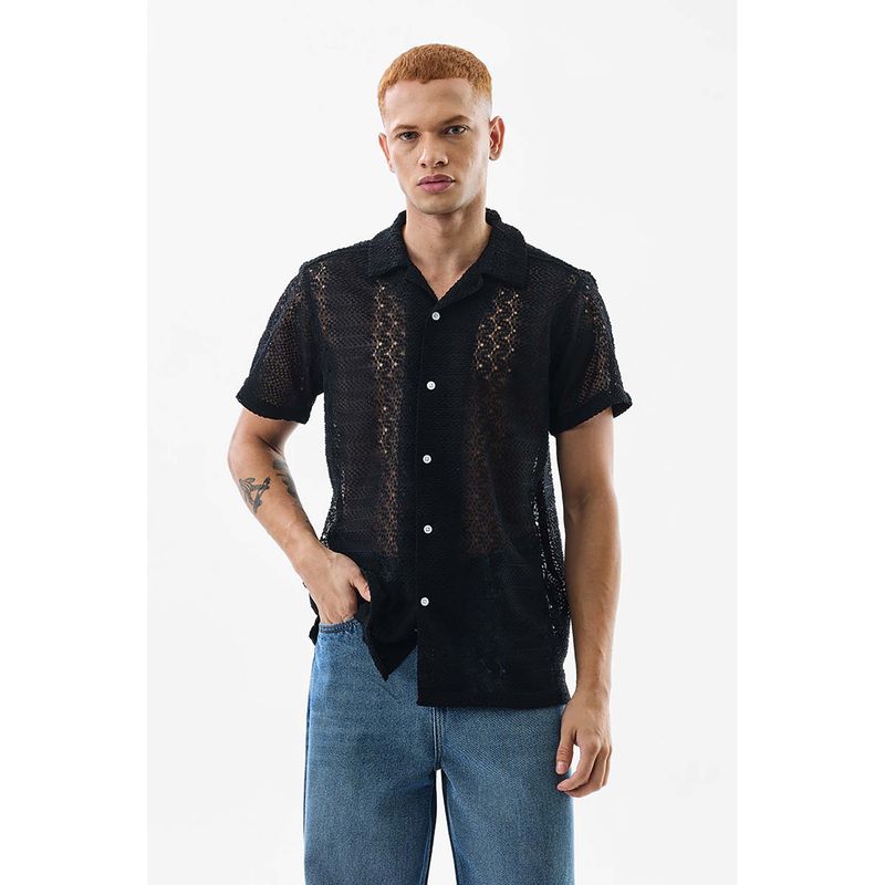 Snitch Black Textured Self-Design Half Sleeves Boxy Casual Shirt for Men (S)