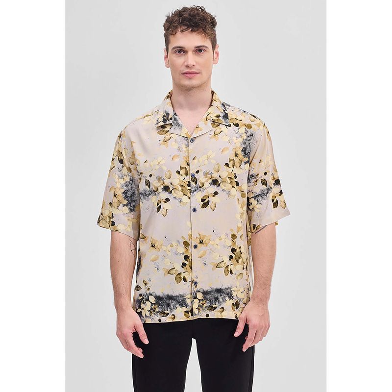 Snitch Nude Floral Abstract Printed Half Sleeves Boxy Casual Shirt for Men (M)