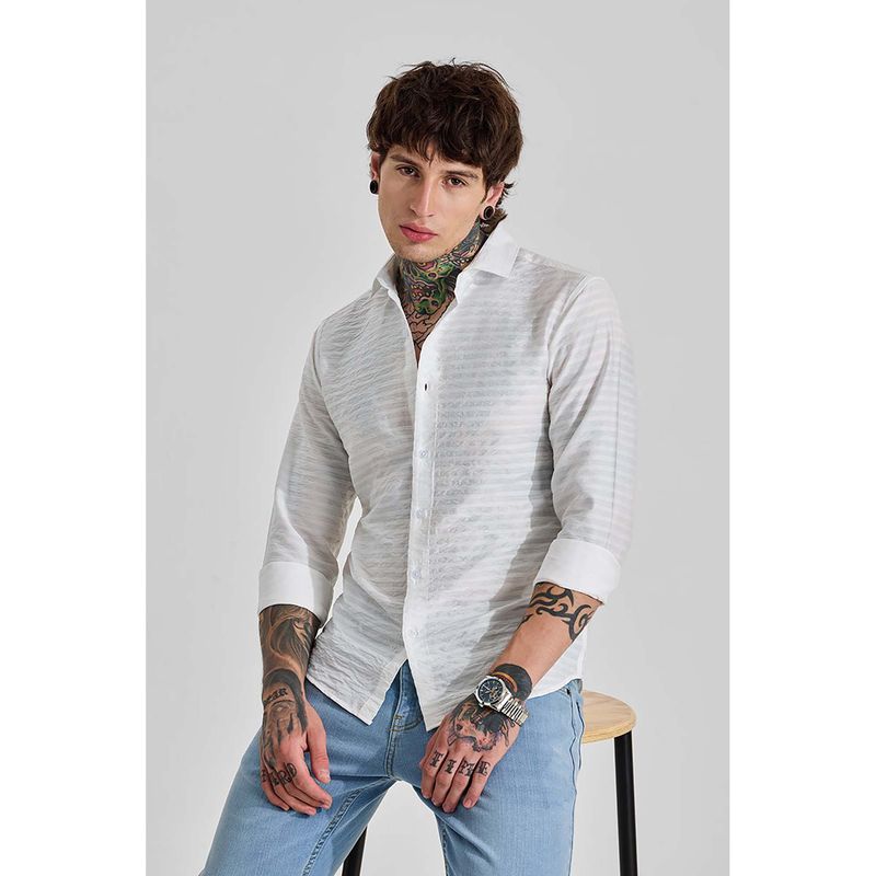 Snitch White Textured Self Design Full Sleeves Slim Casual Shirt for Men (M)