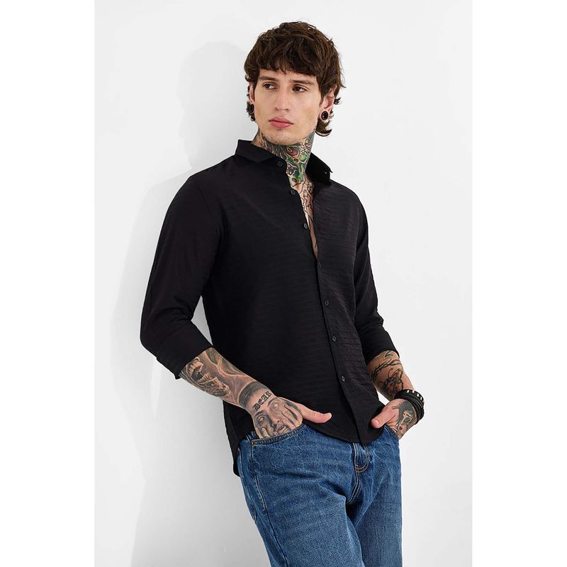 Snitch Black Textured Self Design Full Sleeves Slim Casual Shirt for Men (2XL)