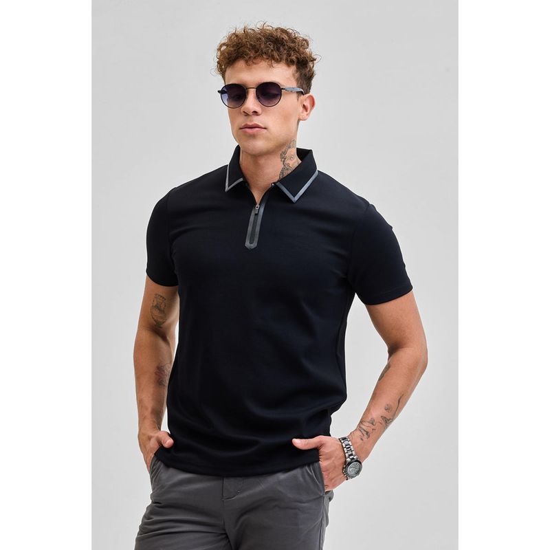 Snitch Black Plain Half Sleeves Slim Casual Polo T-Shirt for Men (L)
