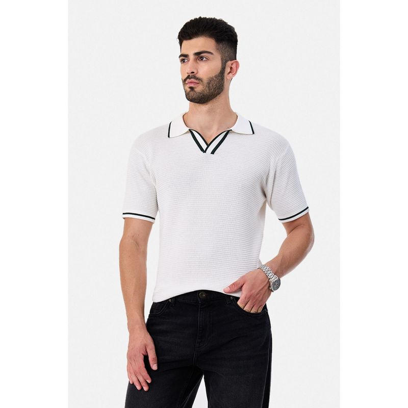 Snitch White Textured Half Sleeves Regular Casual Polo T-Shirt for Men (XS)