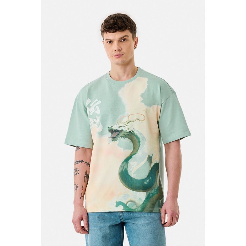 Snitch Mint Graphic Half Sleeves Oversized Casual T-Shirt for Men (L)