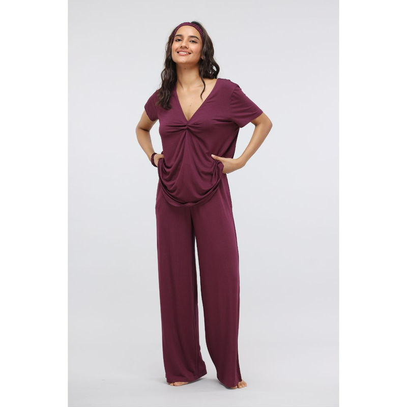 NeceSera Wine Flared Modal Lounge With Knot Top (Set of 2) (S)