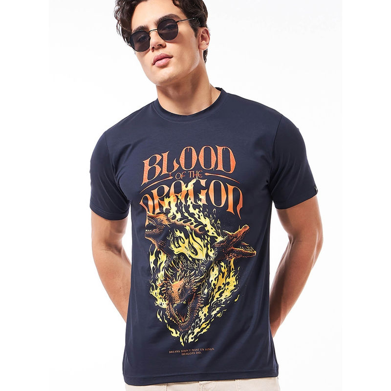 Bewakoof Men's Dark Blue Blood Dragon Graphic Printed T-shirt (S)