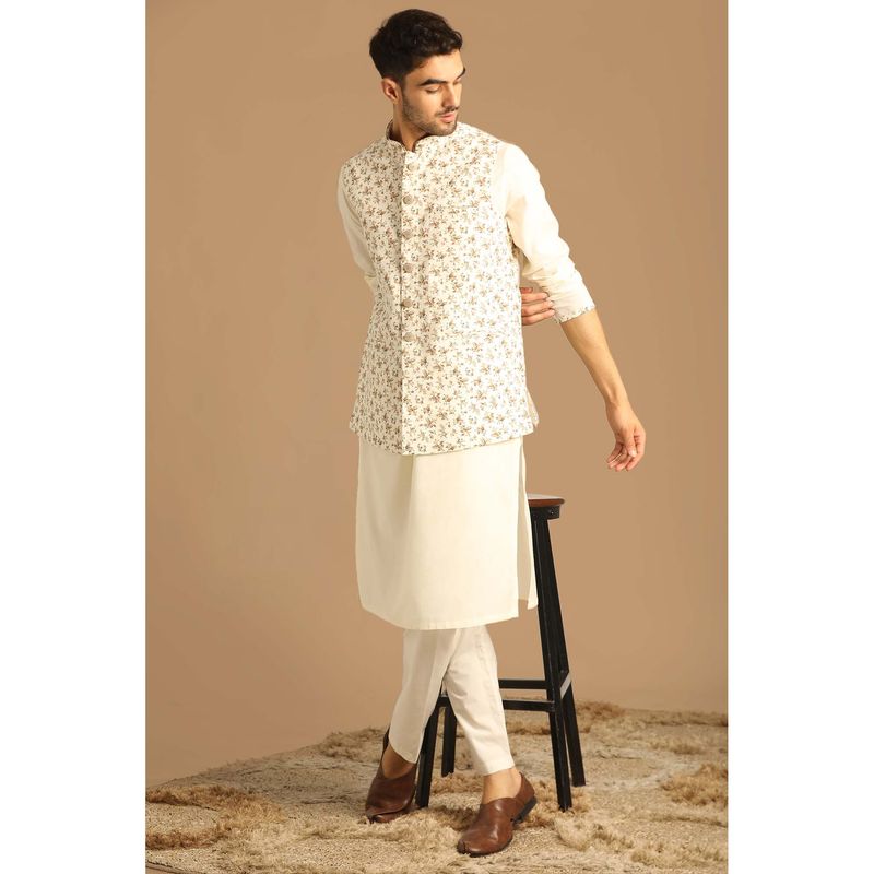Manyavar Cream Cotton Floral Print Kurta & Jacket with Pyjama (Set of 3) (L)