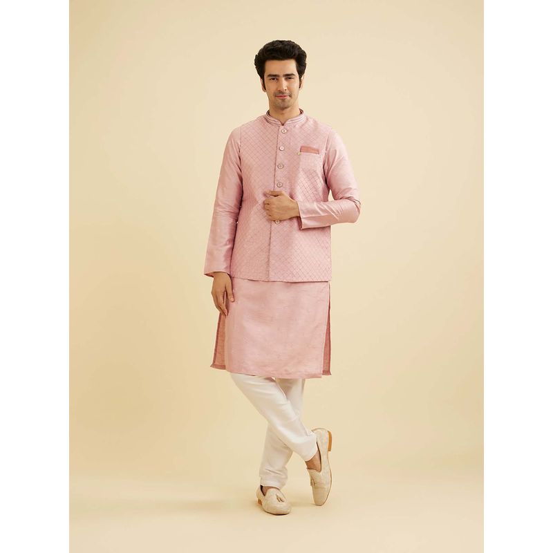 Manyavar Pink Art Silk Embroidery Sequins Work Kurta & Jacket with Churidar (Set of 3) (M)