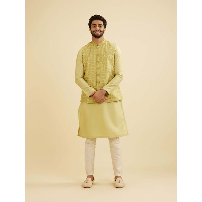 Manyavar Green Art Silk Embroidery Kurta & Jacket with Churidar (Set of 3) (XL)