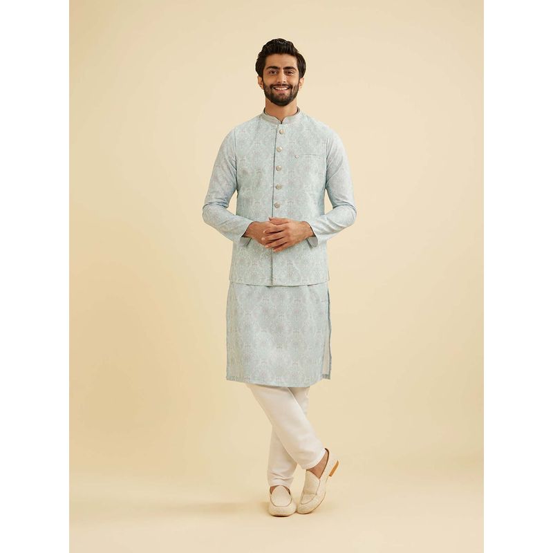 Manyavar Blue Blended Cotton Print Embroidery Kurta & Jacket with Churidar (Set of 3) (M)
