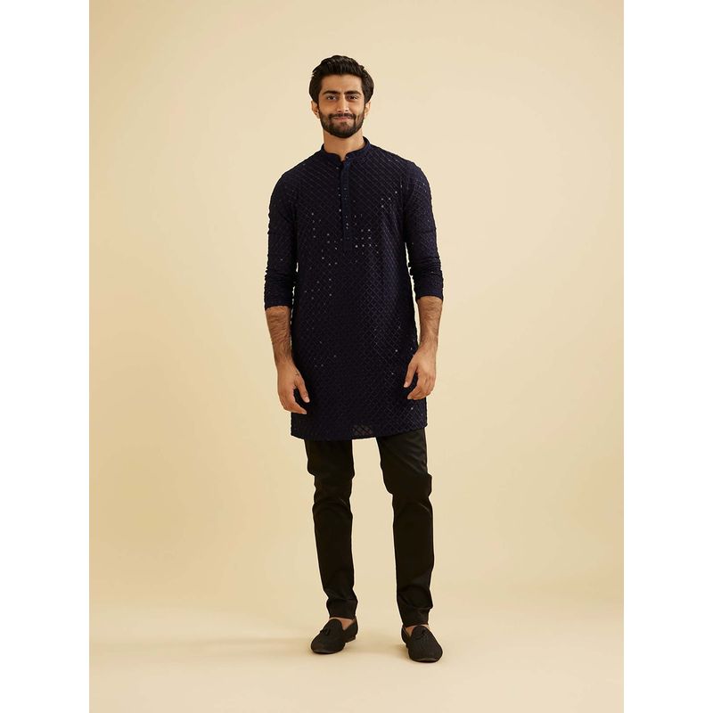 Manyavar Blue Viscose Embroidery Sequins Work Kurta & Pant (Set of 2) (S)