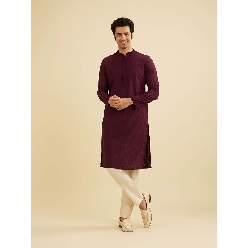 Manyavar Wine Blended Cotton Chikankari Kurta & Churidar (Set of 2) (XL)