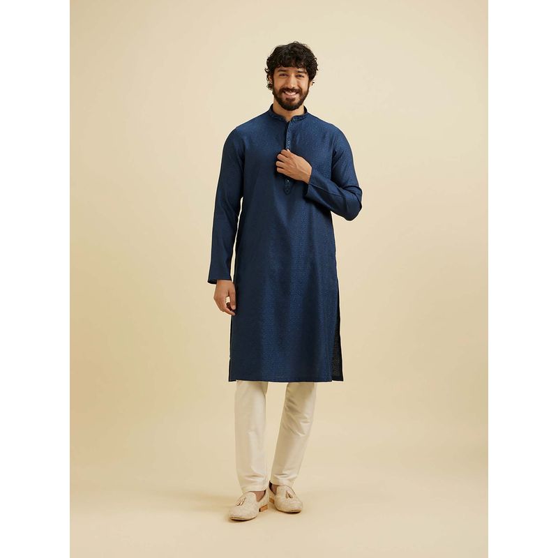Manyavar Blue Blended Viscose Self Design Kurta & Churidar (Set of 2) (XL)