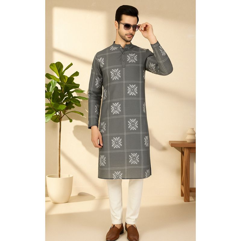 RIGO Men Grey Embroidered Grid Kurta (M)