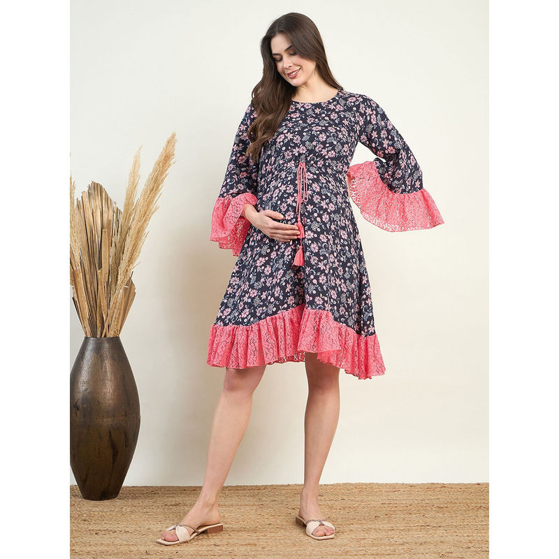 The Kaftan Company Women Black Floral Round Neck Bell Sleeves Maternity Dress (S)