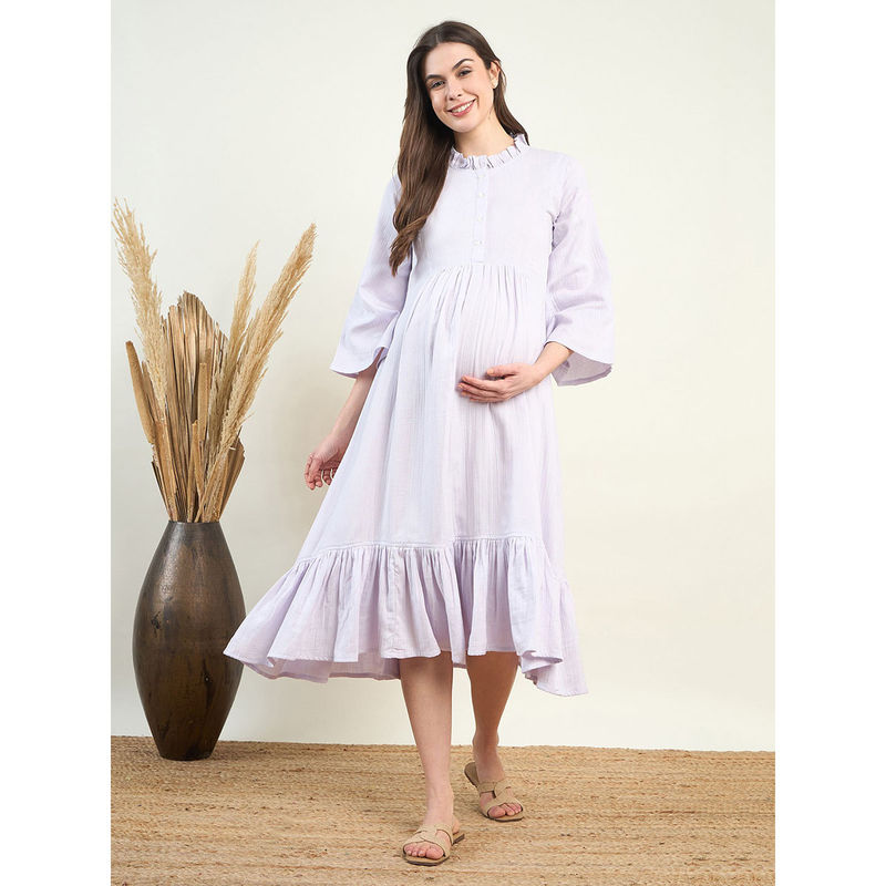The Kaftan Company Women Lavender Solid Ruffled Neck Three Fourth Sleeves Maternity Dress (S)