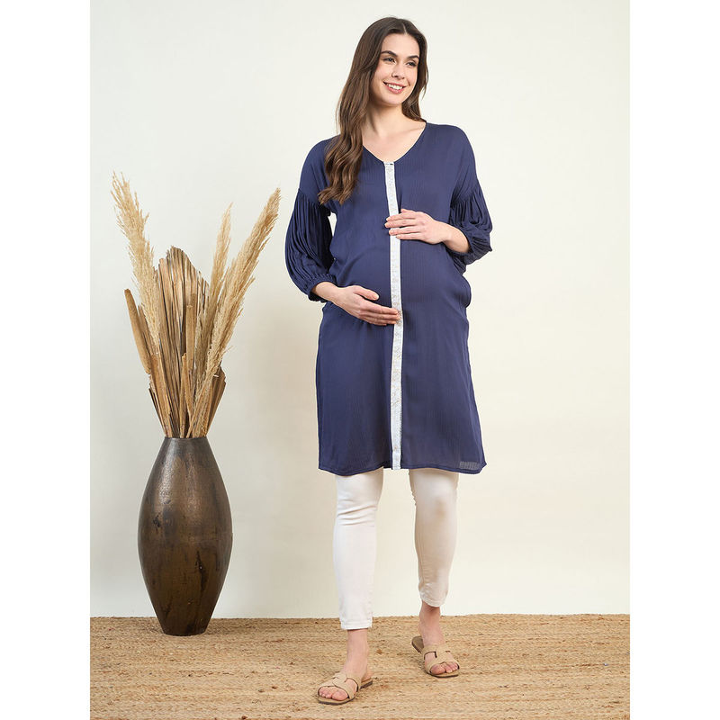 The Kaftan Company Women Navy Blue Stripes V-Neck Balloon Sleeve Maternity Kurta (S)