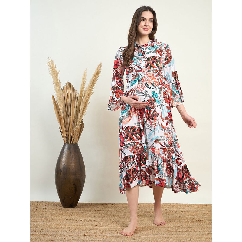 The Kaftan Company Women White Floral Ruffled Neck Three Fourth Sleeves Maternity Dress (S)