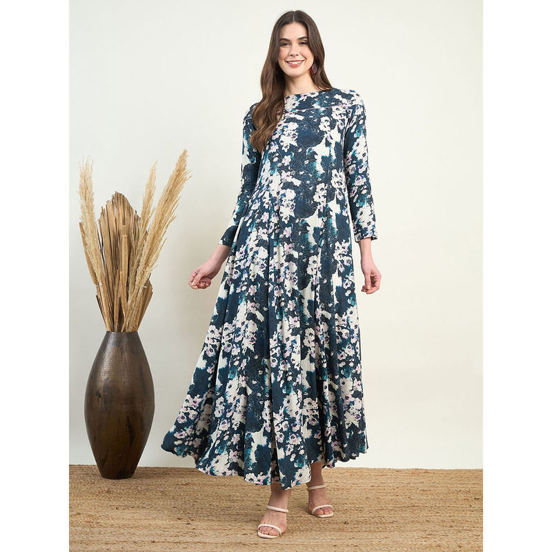 The Kaftan Company Women Teal Floral Boat Neck Three Fourth Sleeves Maternity Dress (S)