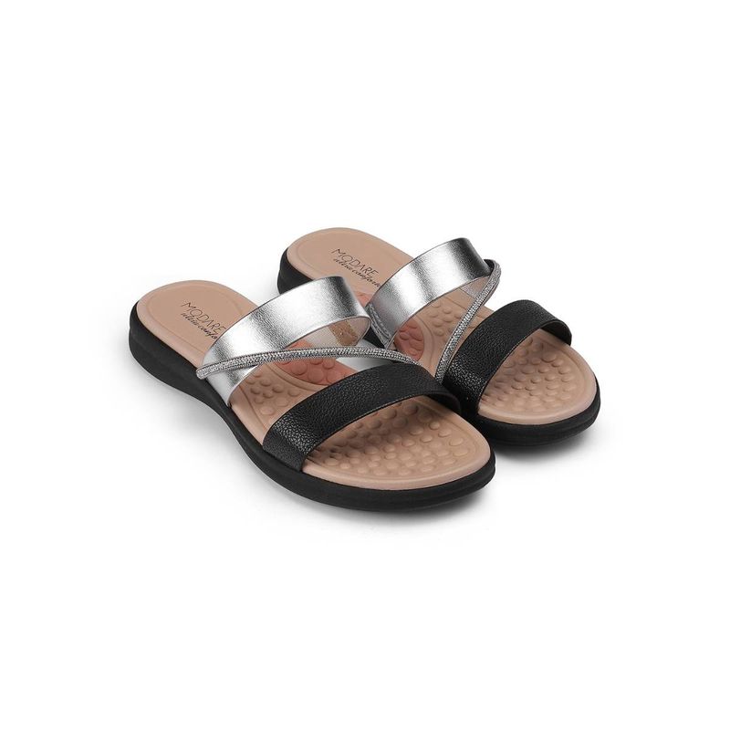 MODARE Silver & Black Sandals for Women (EURO 36)
