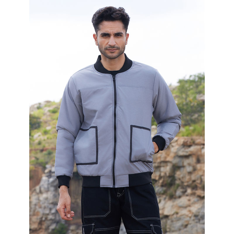 Campus Sutra Mens Contrast Detail Light Grey Zip Front Puffer Jacket (XL)