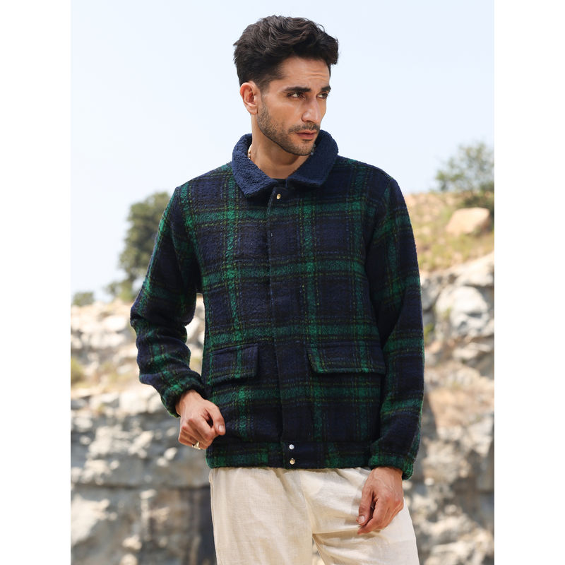 Campus Sutra Mens Navy Blue & Green Tartan Plaid Jacket (M)