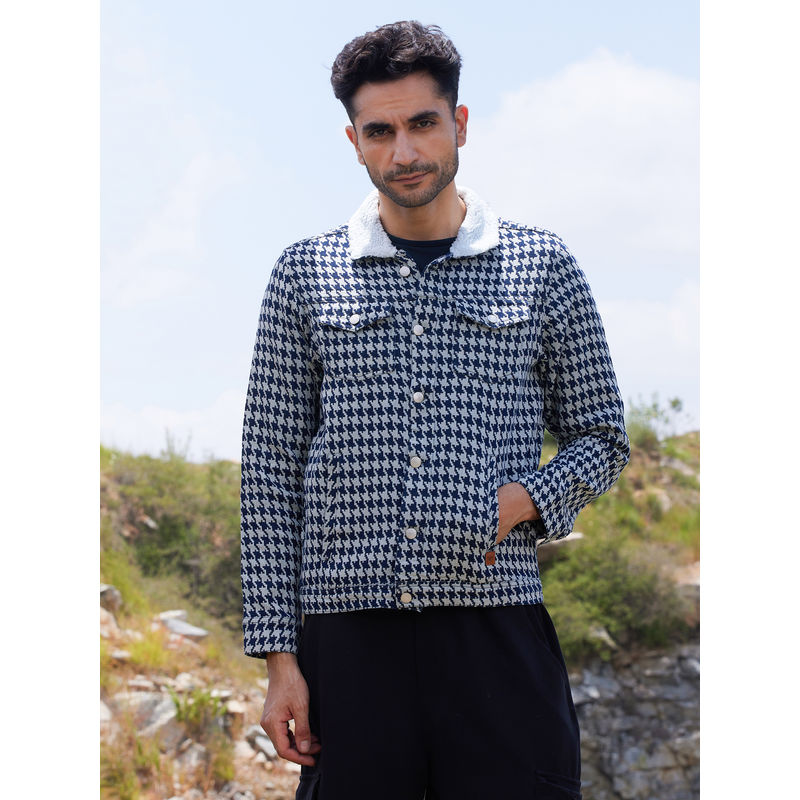 Campus Sutra Mens Navy Blue and Moon Grey Fleece Houndstooth Denim Jacket (M)