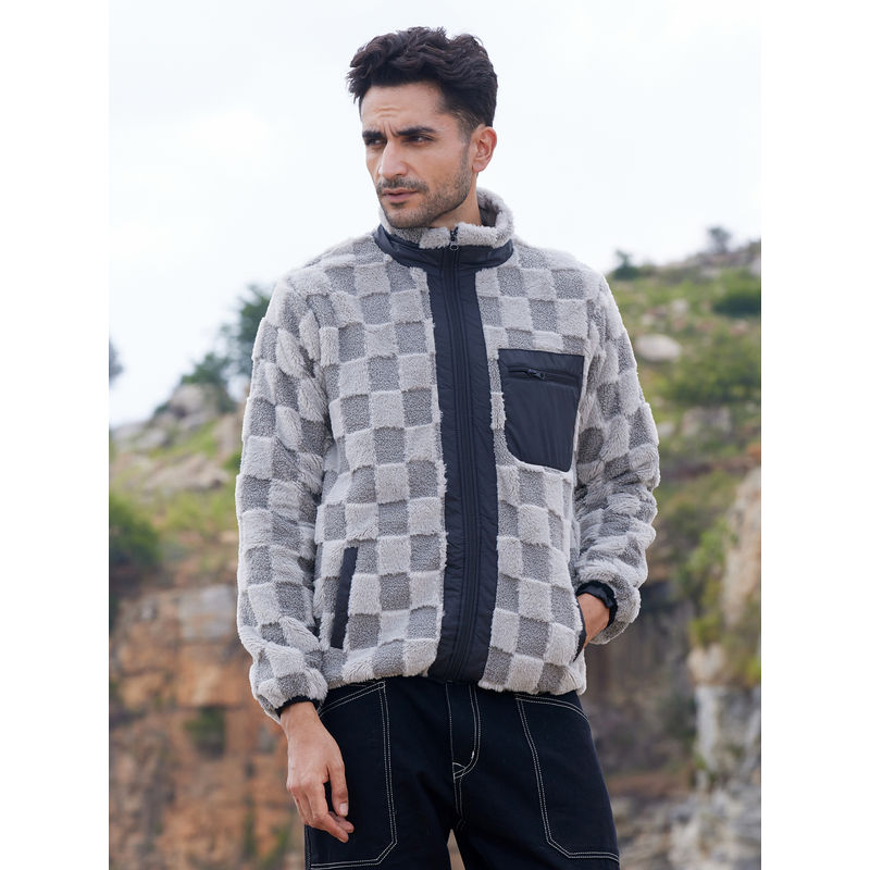 Campus Sutra Mens Moon Grey Fleece Buffalo Check Puffer Jacket (M)