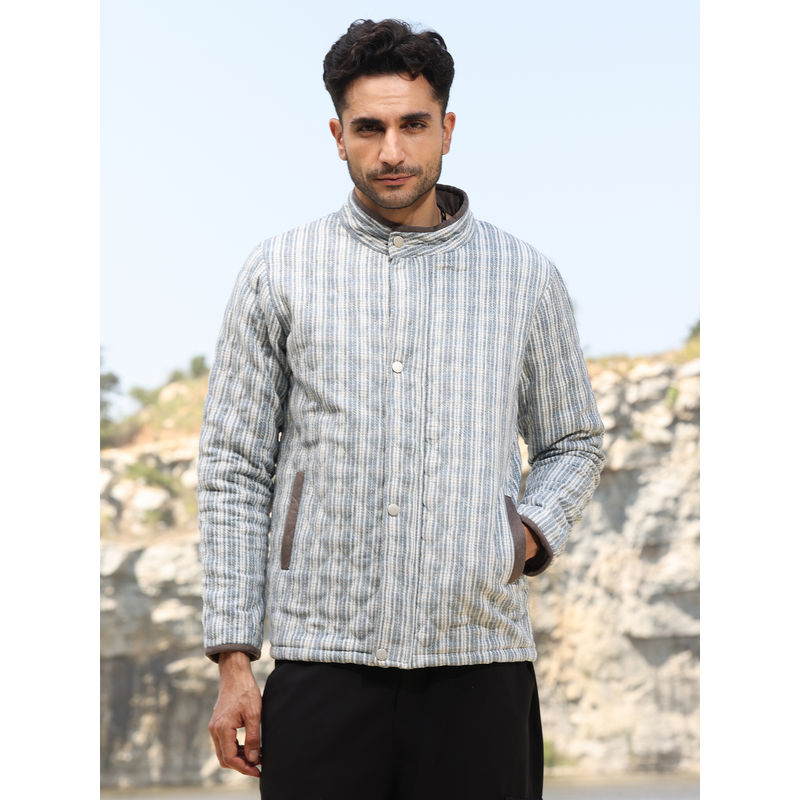 Campus Sutra Mens White and Light Grey Stripes Quilted Bomber Jacket (S)