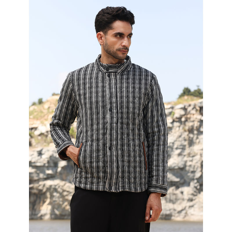 Campus Sutra Mens Carbon Black and Chalk White Multitrack Stripes Quilted Jacket (S)