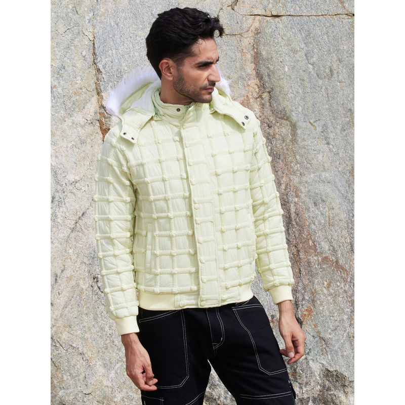 Campus Sutra Mens Pale Yellow Self Design Puffer Jacket with Fleece Hood (XL)