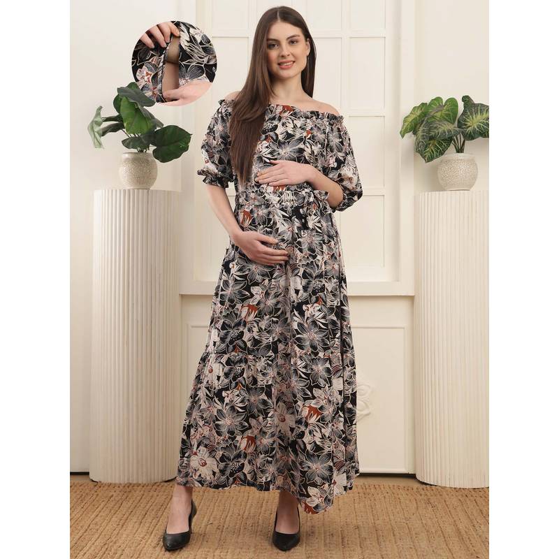 Moms Maternity Feeding-Friendly Maternity Off-Shoulder Rayon Maxi Dress (L)