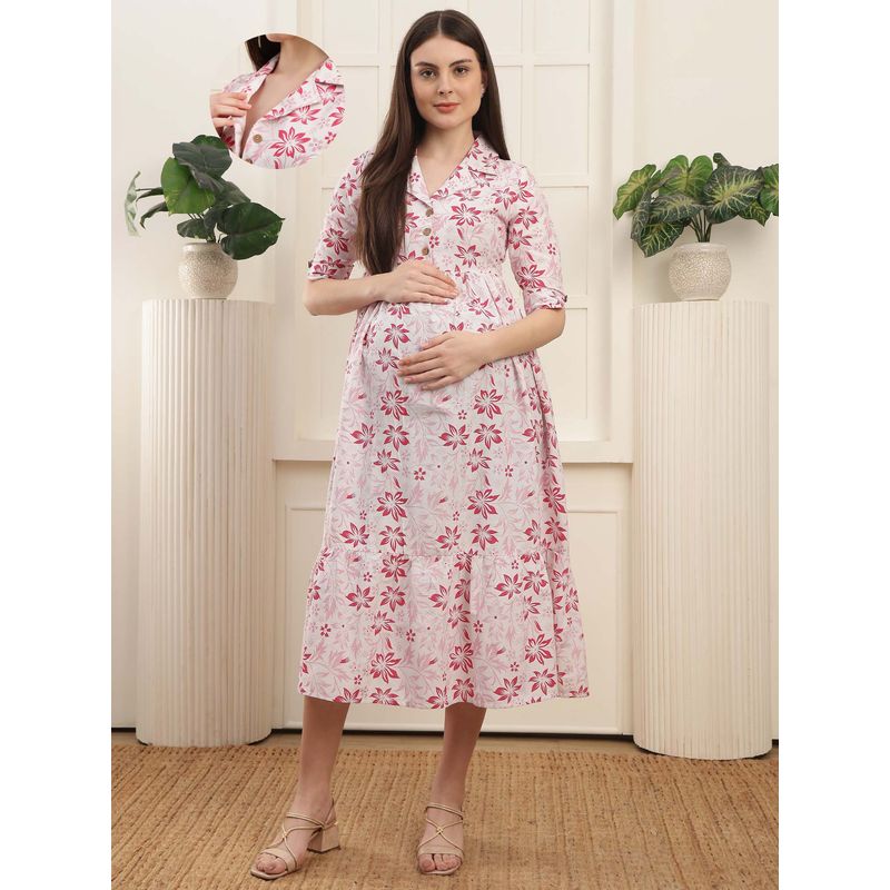 Moms Maternity Cotton Floral Printed Shirt Half Sleeves Feeding Maternity Dress (L)