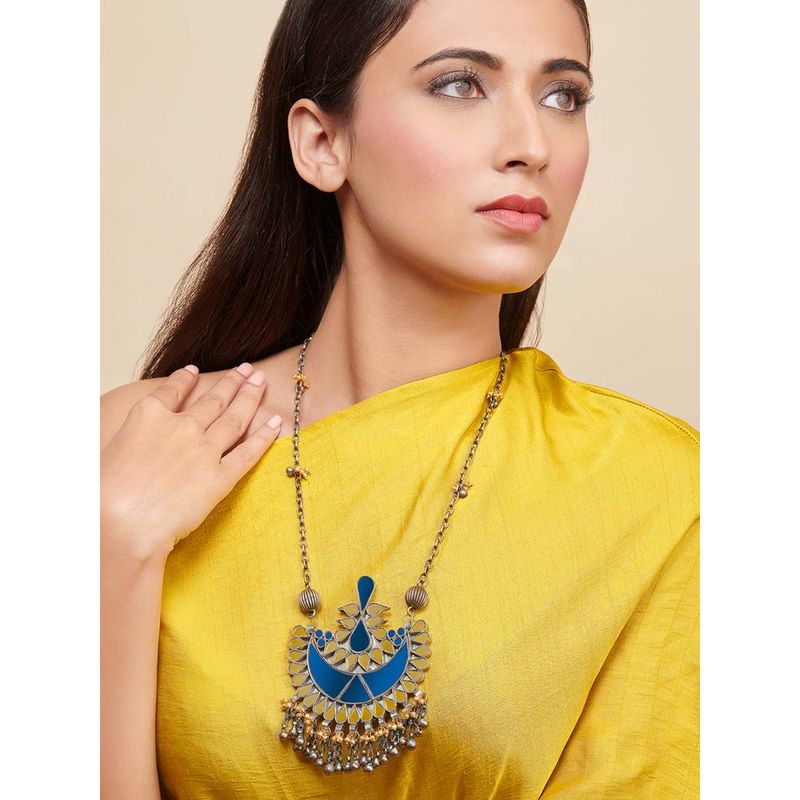 Curio Cottage Aria Oxidised Blue Mirror Long Necklace Buy Curio