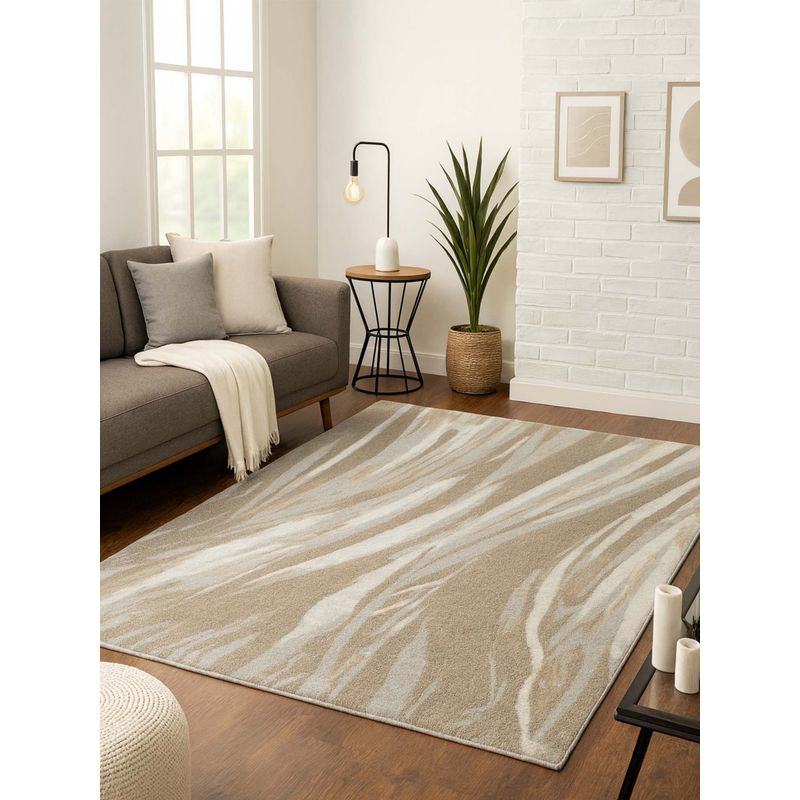 OBSESSIONS Beige Abstract Polyester Carpet ideal for Living room and Bedroom (5x7 feet)
