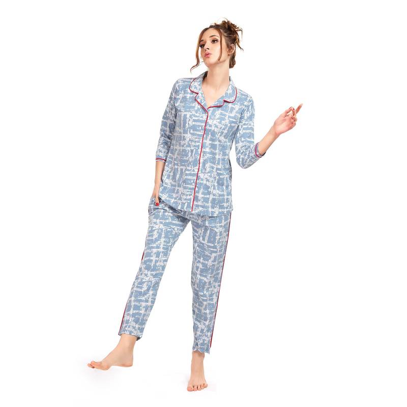 LOTIK Womens Cotton Blue Printed Full Sleeve Nightsuit (S)