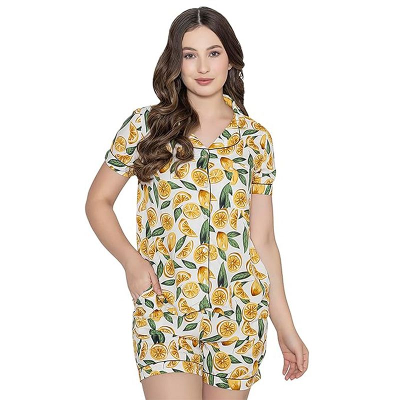 Bonjour Womens Yellow Printed Night Suit (L)