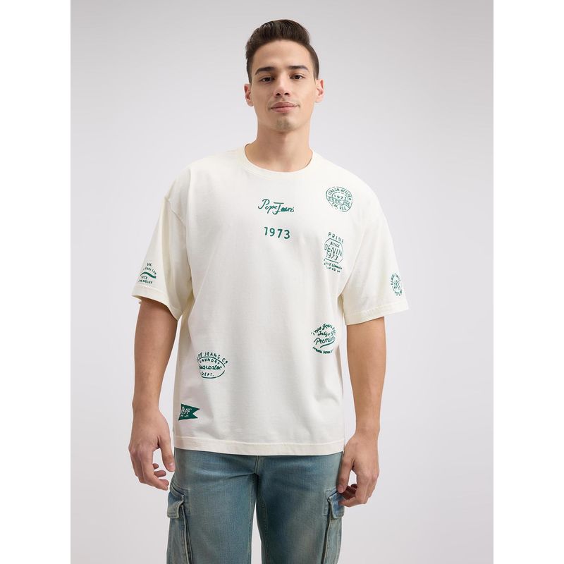 Pepe Jeans Men Off White Printed Short Sleeve Oversized T-Shirt (L)