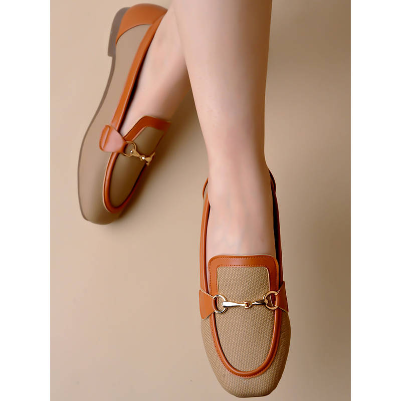 Shoetopia Buckle Detailed Tan Loafers for Women (EURO 37)