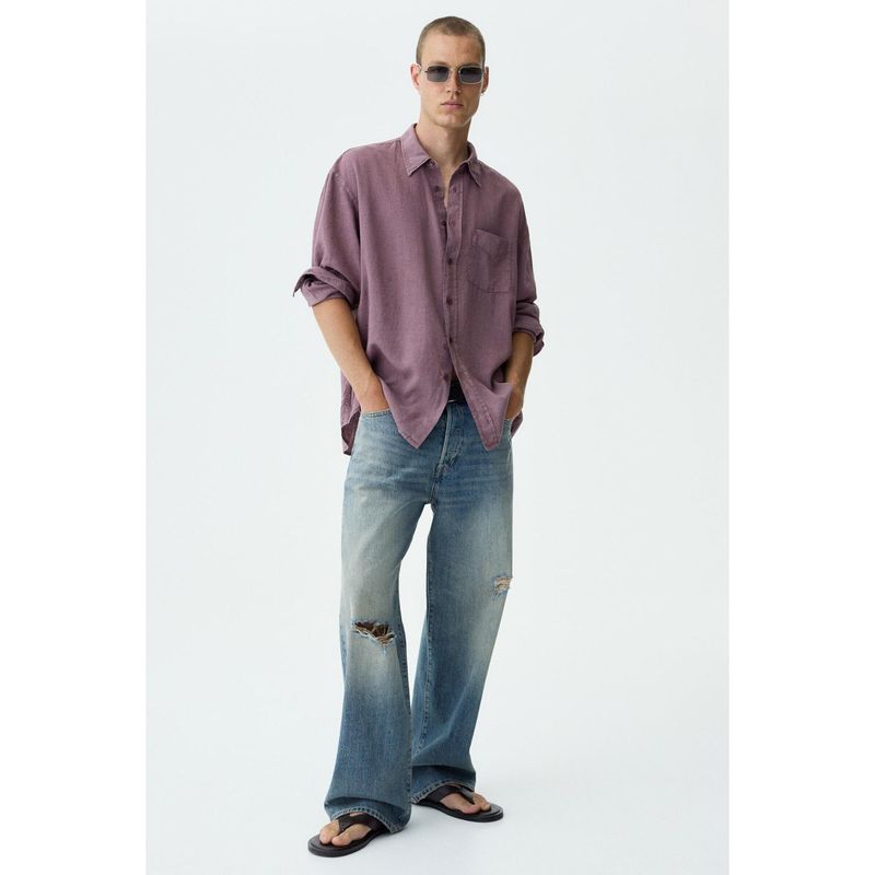 H&M Men Red Relaxed Fit Linen-Blend Shirt (M)