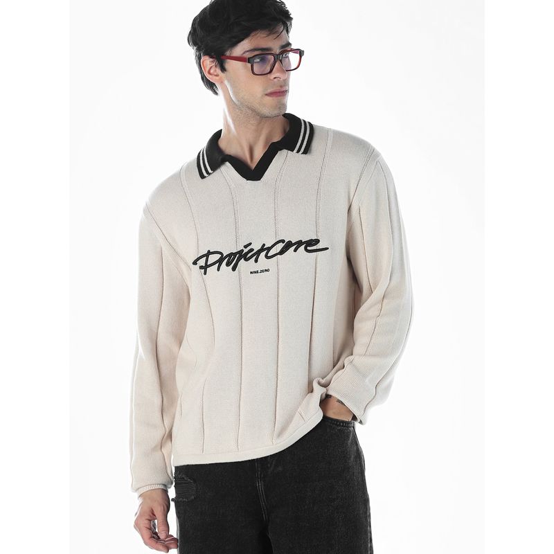 Jack & Jones Men Oversized Beige Typography Sweater (XL)
