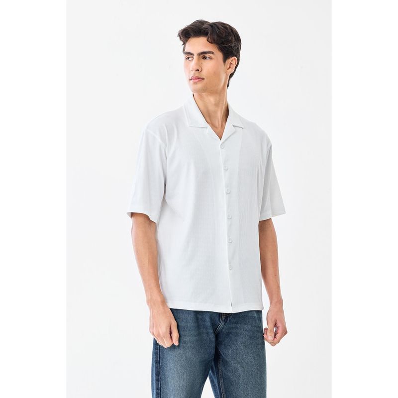Snitch Men White Textured Half Sleeves Boxy Shirt (M)