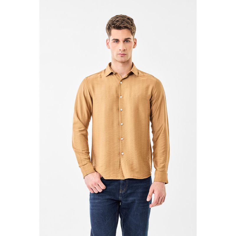 Snitch Men Brown Solid Full Sleeves Shirt (S)