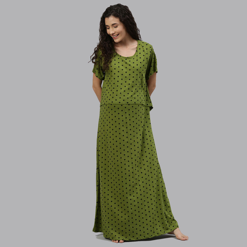 Nejo Ditsy Polka Print Front Zipper Feeding Nighty - Green (M)