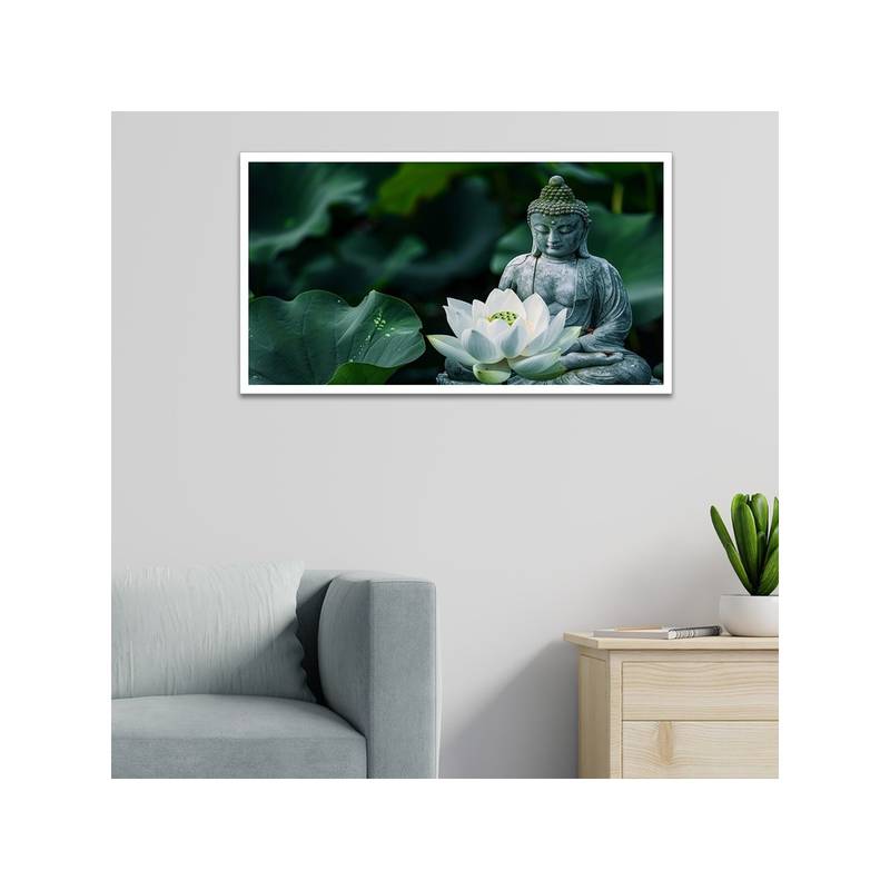 Dekorstation Buddha Statue Meditating Near Blooming White Lotus Flower Wall Painting (12x24 inches)