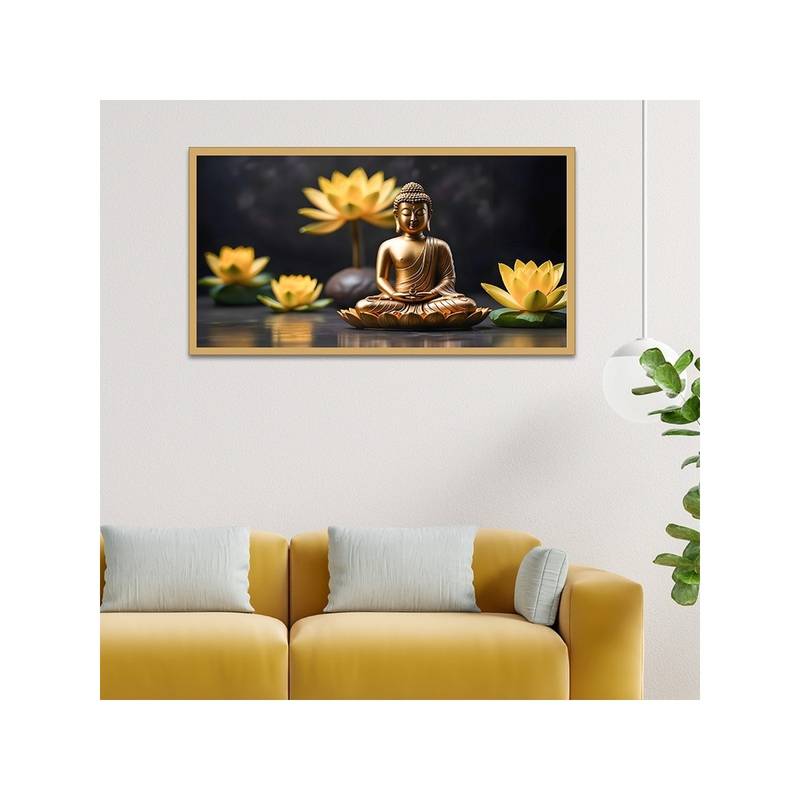 Dekorstation Meditating Buddha With Yellow Lotus Canvas Wall Painting (12x24 inches)